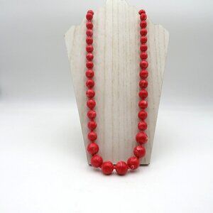 Vintage Red Marbled Bead Necklace Gold‎ Tone Clasp Statement Chunky Jewelry 30"